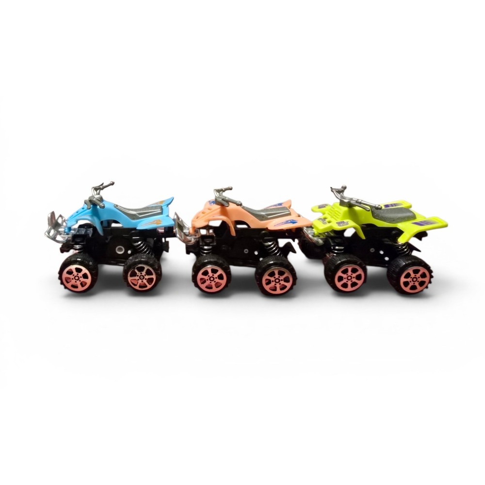 New Set of 3 Pull Back ATV 4 Wheeler Toy Vehicles Blue Yellow Orange Kids Racers - Picture 2 of 3